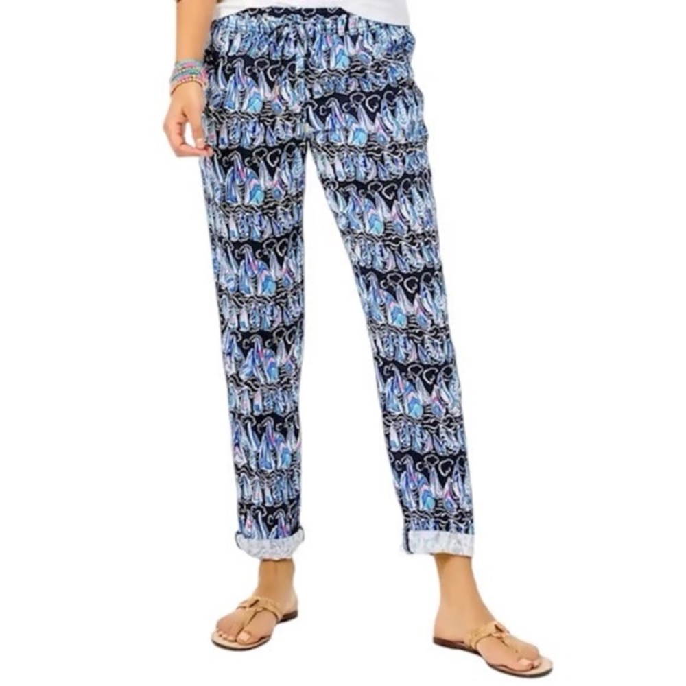Lilly Pulitzer Taron Linen Pants Low Tide Navy Sails & Stripes Print sz M Preppy